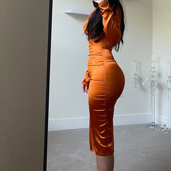 Rust Satin Ruched Dress - Picture 5 of 7